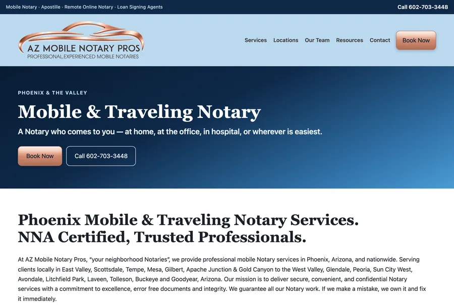 azmobilenotarypros.com, the mobile and traveling notary service page