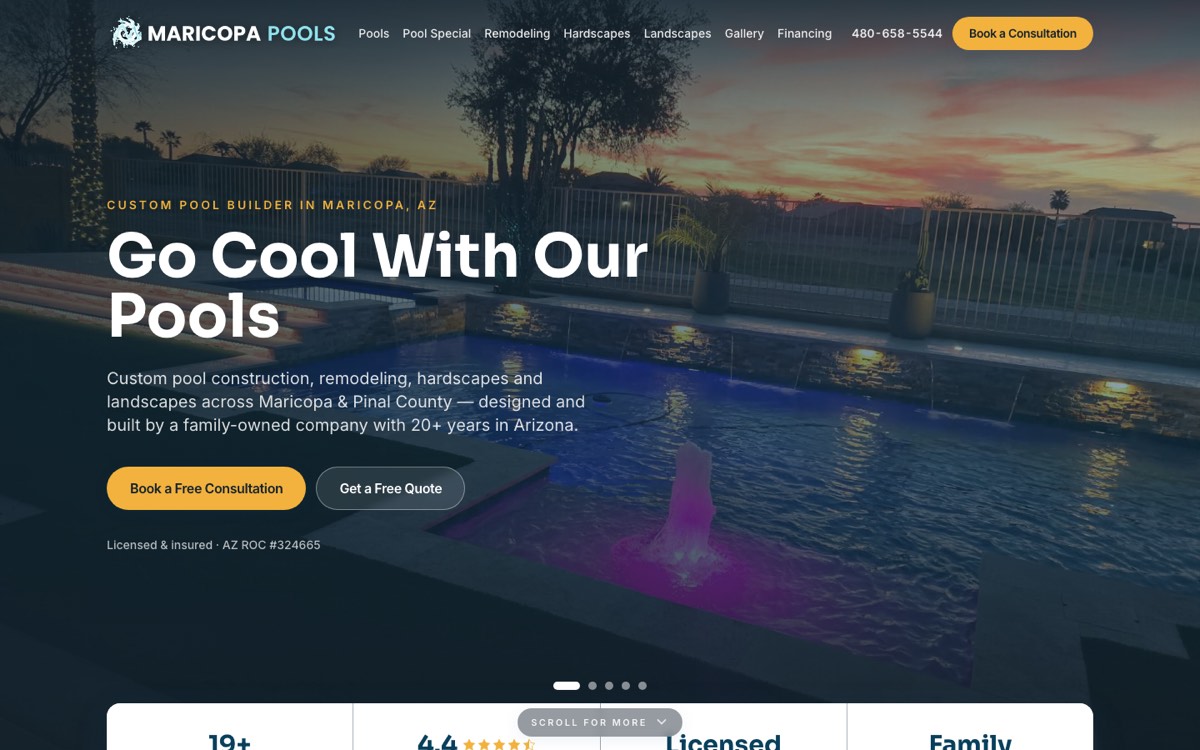 The Maricopa Pools homepage: a pool at sunset behind the headline Go Cool With Our Pools, with booking buttons and their Arizona licence number.